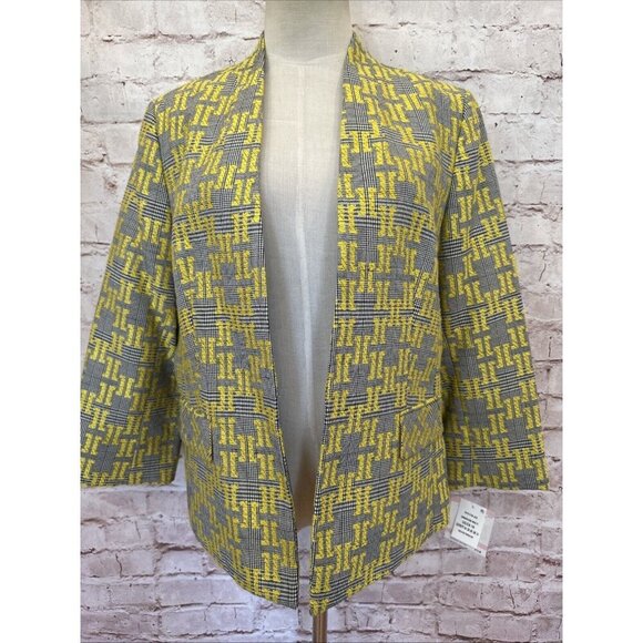 Kasper Open Front Blazer Jacket Size 10 Black Yellow Houndstooth Plaid NEW - Picture 2 of 11